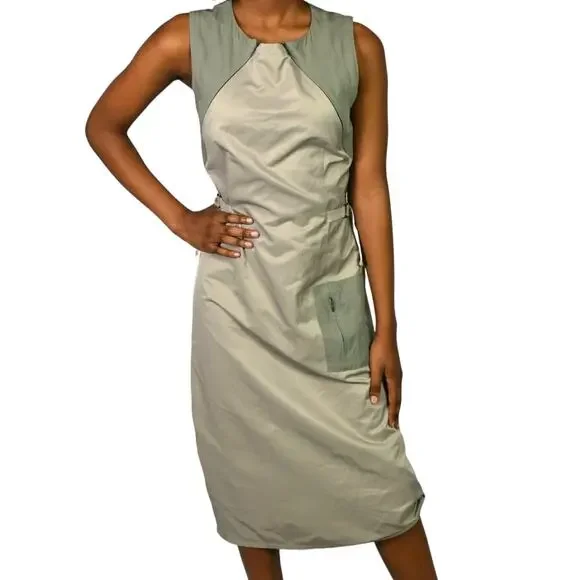 Cargo Utility Midi Dress Tan Khaki Stretch Zippers Parachute Sack Utilitarian XS - Picture 9 of 16